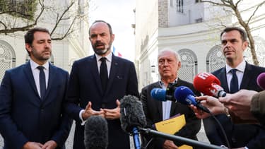 Le ministre de l'Intérieur Christophe Castaner, le Premier ministre Edouard Philippe et le ministre de la Santé Olivier Véran, le 13 mars 2020