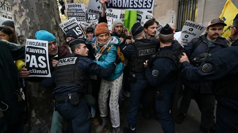 Des policiers repoussent des militants de Greenpeace et d'autres ONG rassemblés devant le ministère de la Transition écologique, le 6 novembre 2023 à Paris
