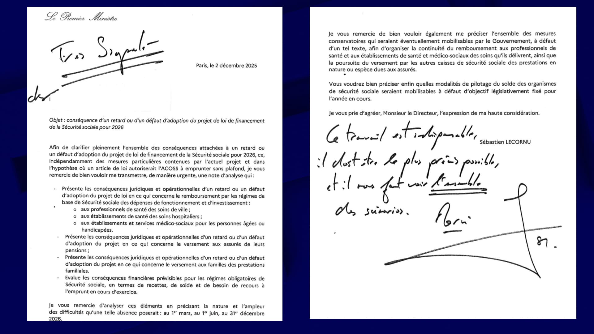 La lettre de Sébastien Lecornu pour évaluer les conséquences d'une non-adoption du PLFSS, datée du 2 décembre 2025