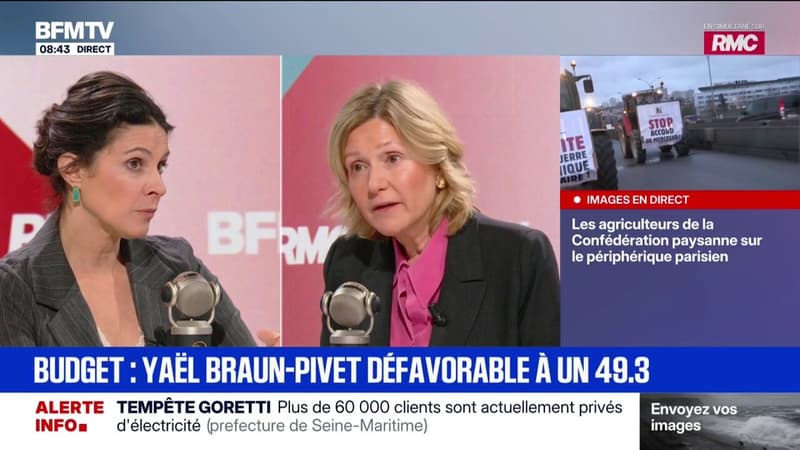 Budget: Yaël Braun-Pivet dit "ne pas souscrire" à l'utilisation du 49.3