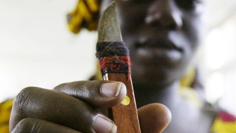 A Abidjan, en Côte d'Ivoire, une femme pratiquant les mutilations génitales montre le couteau dont elle se sert (2005).