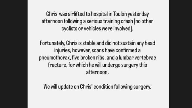 Le message publié par l'entourage de Chris Froome après sa lourde chute dans le Var, le 28 août 2025