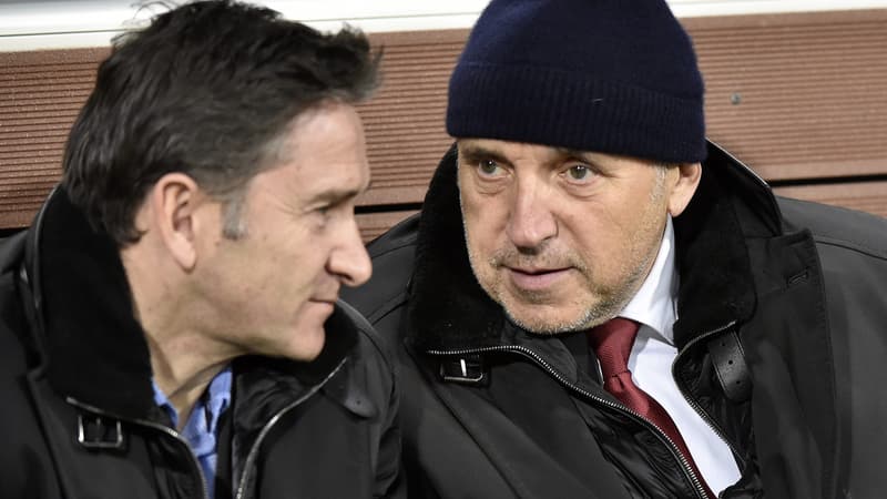 Philippe Montanier (à gauche) en discussion avec René Ruello (à droite) lors de la défaite à Toulouse (2-1) le samedi 14 février