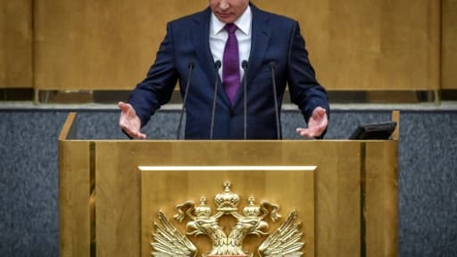 Le président russe Vladimir Poutine devant la Douma le 8 mai 2018 à Moscou Le président russe Vladimir Poutine devant la Douma le 8 mai 2018 à Moscou