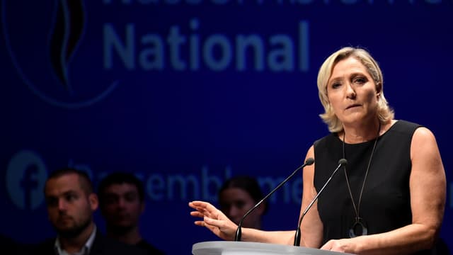 La cheffe du Rassemblement national Marine Le Pen, lors d'un meeting à Fréjus dans le sud de la France le 16 septembre 2018.