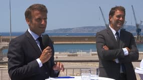 Emmanuel Macron et Christophe Castaner au port de Marseille Fos le 28 juin 2023
