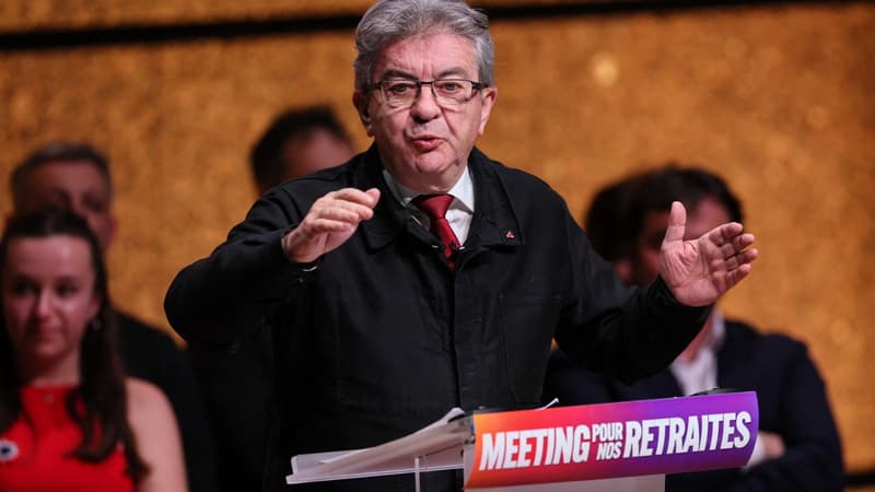 Jean-Luc Mélenchon lors d'un meeting à Montpellier le 16 février 2023 à Montpellier
