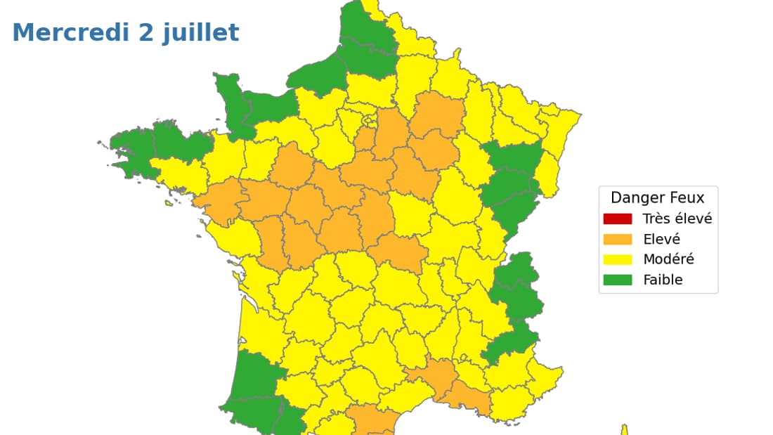 20 départements sont placés en risque élevé de feux de forêts ce mercredi 2 juillet 2025.