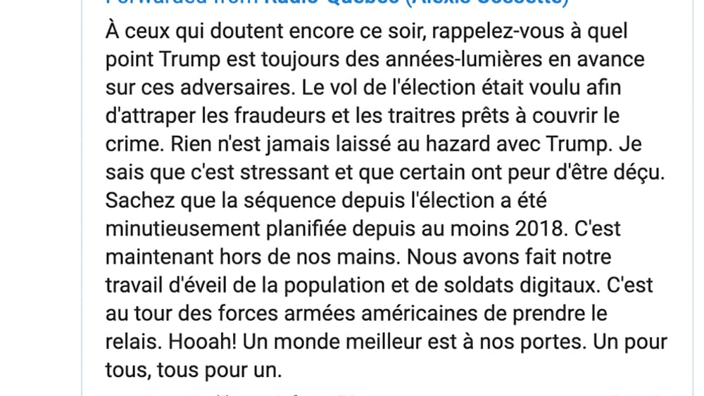 Une chaîne Telegram relayant les théories QAnon