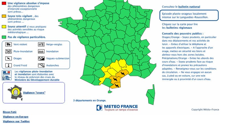 L'Aude, l'Hérault et les Pyrénées-Orientales sont en vigilance orange.