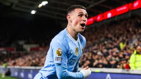 Phil Foden célèbre l'un de ses trois buts avec Manchester City contre Brentford, le 5 février 2023