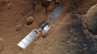 Vue d'artiste de la sonde Mars Express, basée sur une photographie réelle de la planète.