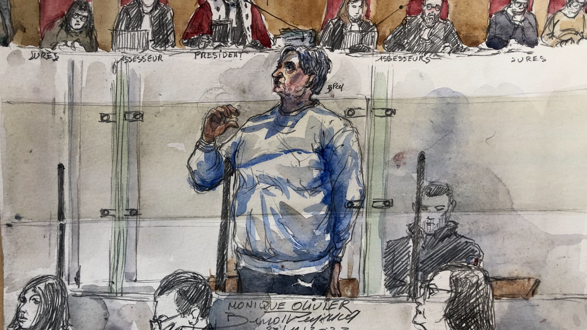 Ce portrait-robot réalisé le 28 novembre 2023 montre Monique Olivier, l'ex-femme du tueur en série Michel Fourniret, dans la salle d'audience lors de son procès à la cour d'assises de Nanterre, en banlieue parisienne.