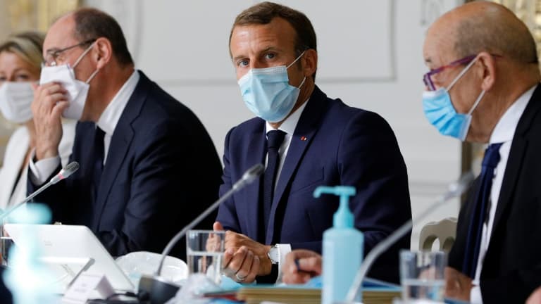 Jean castex, Emmanuel Macron et Jean-Yves le Drian, le 26 août 2020 à l'Elysée