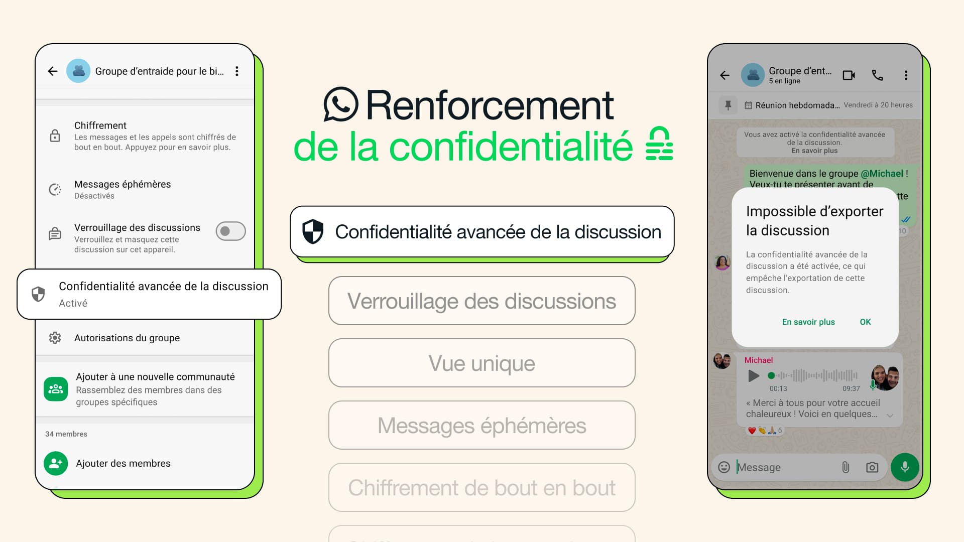 La fonction "confidentialité avancée de la discussion" sur Whatsapp.