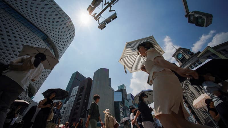 Des piétons utilisent des parapluies pour s’abriter du soleil de midi alors qu’ils traversent une rue pendant la canicule à Tokyo le 18 juillet 2023 (photo d'illustration).
