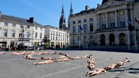 Intermittents dans leur plus simple appareil devant la mairie de Châlons-en-Champagne ce vendredi: avec leurs corps, ils forment le mot "NON".
