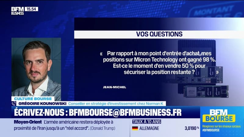 Culture Bourse : « Par rapport à mon point d'entrée d'achat, mes positions sur MICRON TECHNOLOGY ont gagné 98%. C’est probablement le moment d'en vendre 50% pour sécuriser la position restante ?», par Julie Cohen-Heurton - 09/04