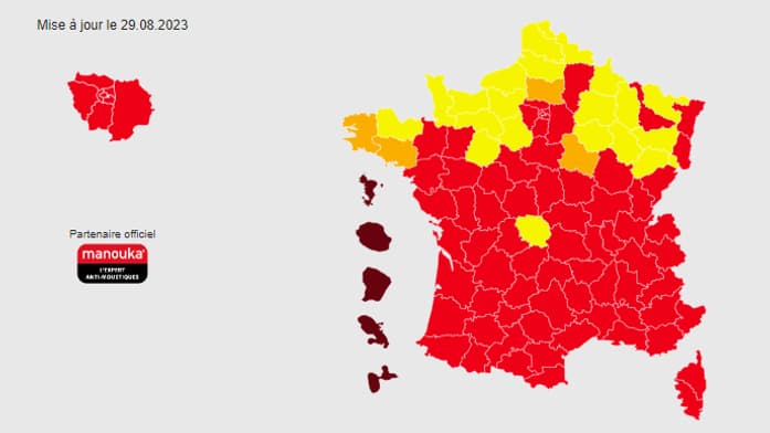 La carte de l'implantation du moustique tigre en France métropolitaine