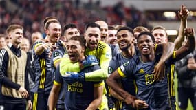 Les joueurs de Feyenoord fêtent la qualification en demi-finale de Conference League, le 14 avril 2022