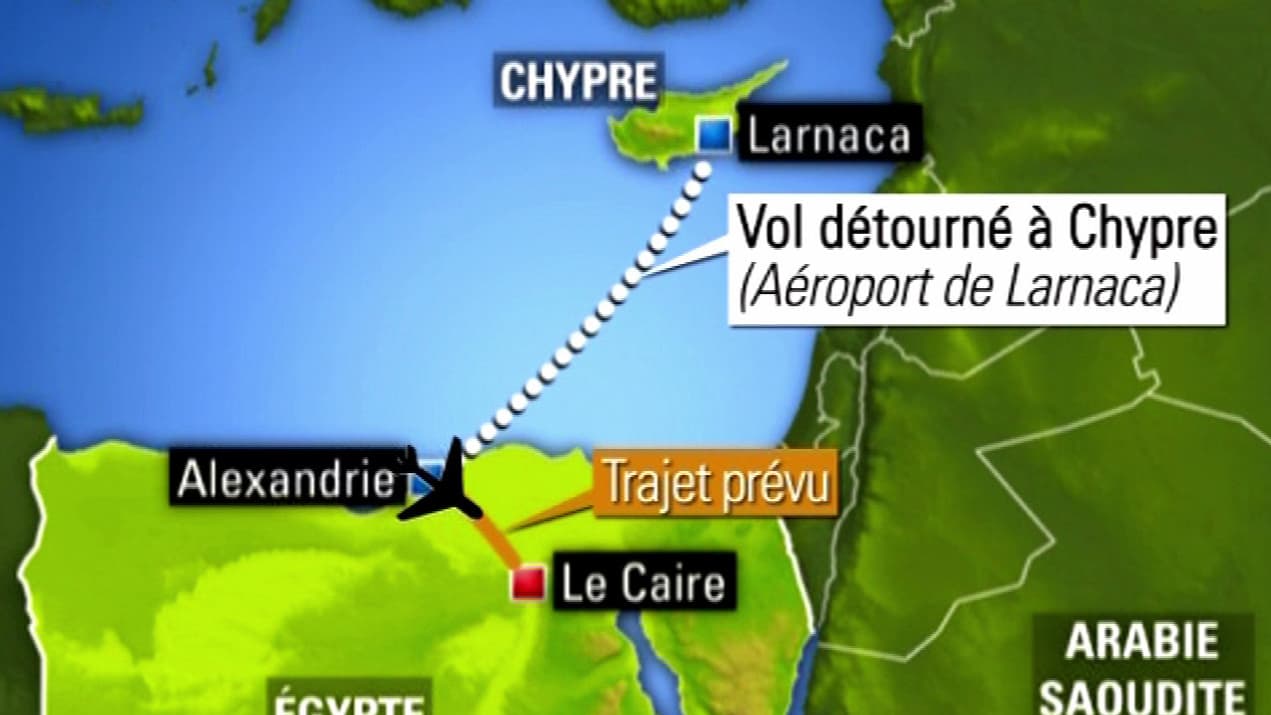 L'itinéraire du vol EgyptAir détourné. L'itinéraire du vol EgyptAir détourné.
