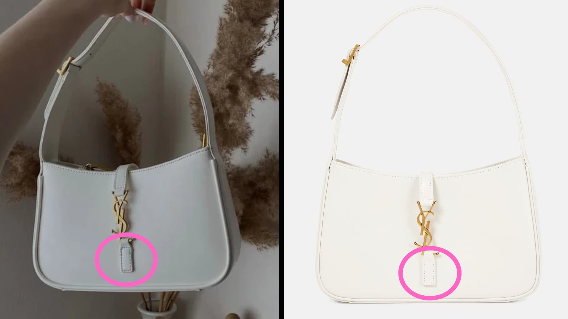 À gauche, un prétendu sac Yves Saint Laurent revendu "neuf avec emballage" pour 100 euros sur Vinted; à droite, l'original vendu 2.000 euros. Si certains composants, comme le logo en métal, ont pu être repris sur un véritable produit Yves Saint, le cuir est probablement de contrefaçon, on le voit à la couture (entourée) qui n'est pas de même qualité.