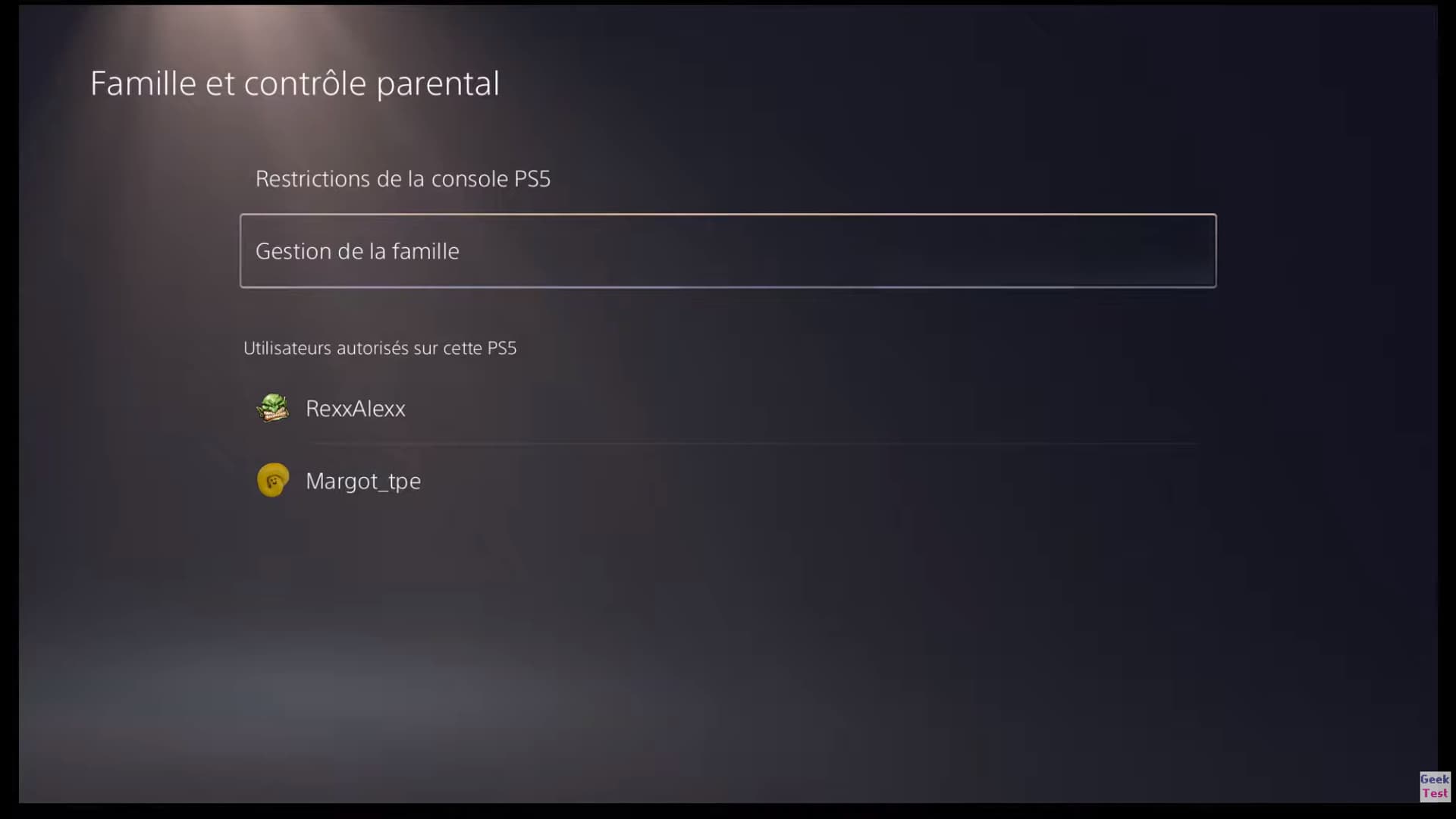 L'onglet "Famille et contrôle parental" de la PS5 L'onglet "Famille et contrôle parental" de la PS5