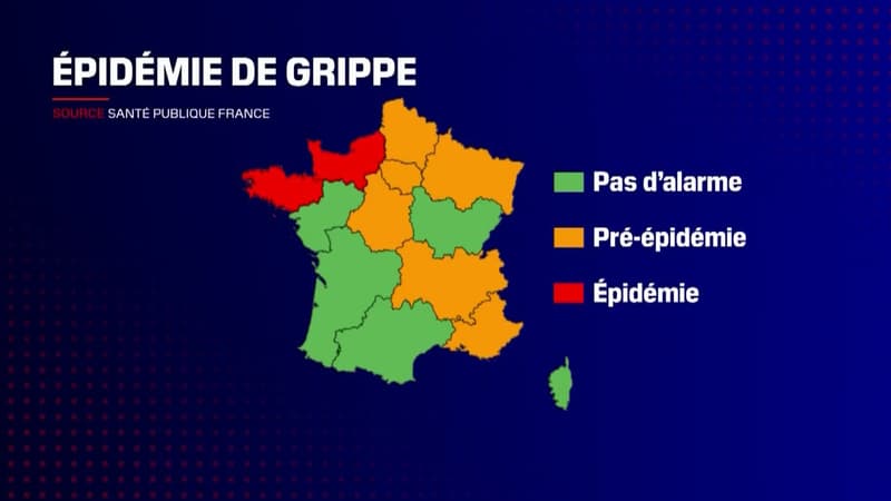 La carte du niveau d'alerte régional concernant la grippe de Santé Publique France, publiée le 30 novembre 2022