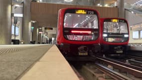 Des métros de la ligne B de la métropole de Lyon (Rhône), à la station Oullins Centre le jeudi 28 mars 2024.