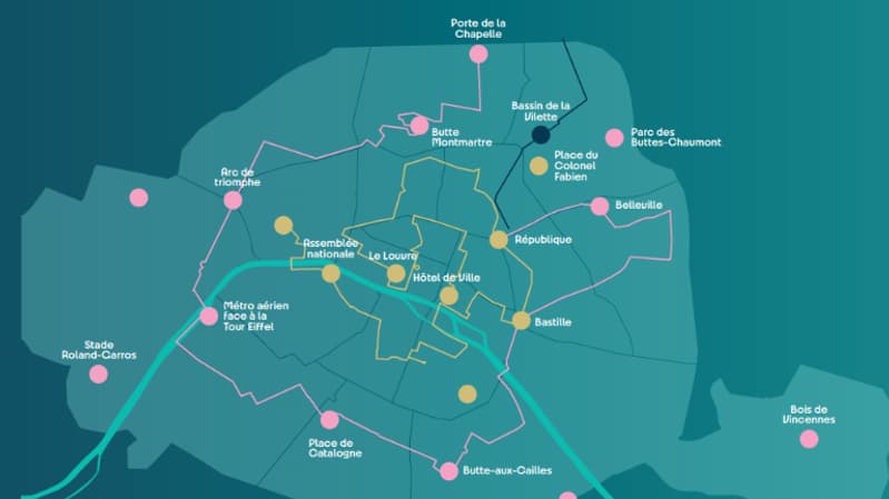 Le parcours de la flamme olympique, en jaune le dimanche 14 juillet, en rose le lundi 15 juillet 