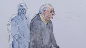 Croquis d'audience représentant l'ex-chirurgien pédocriminel Joël Le Scouarnec à son procès, le 23 mai 2025 à Vannes.