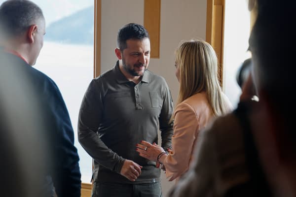 Volodymyr Zelensky exchange with Georgia Meloni at the G7 in Hiroshima, Japan on May 20, 2023