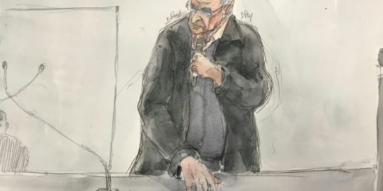 Croquis d'audience représentant l'ex-chirurgien pédocriminel Joël Le Scouarnec lors de son procès à Vannes, dans le Morbihan, le 4 mars 2025