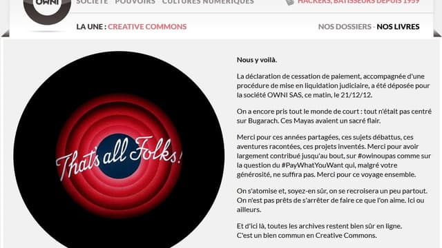 Capture du site Owni le 21/12/2012, jour de son dépôt de bilan