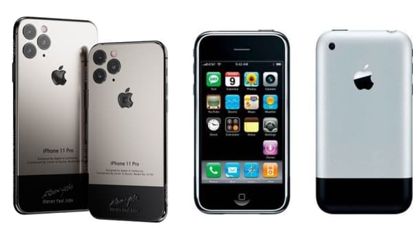 A gauche, l'iPhone 11 Pro customisé et à droite, l'iPhone original de 2007 A gauche, l'iPhone 11 Pro customisé et à droite, l'iPhone original de 2007