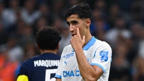 Le Marseillais Nayef Aguerd lors du choc OM-PG en Ligue 1, le 22 septembre 2025