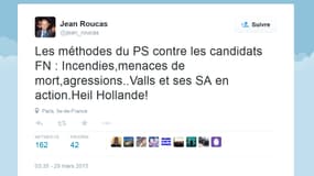 Le message posté par Jean Roucas sur twitter dimanche contre Manuel Valls et François Hollande