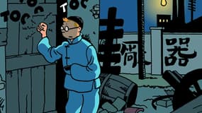 Détail de la couverture de la version colorisée du "Lotus bleu" de Hergé 