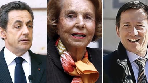 Nicolas Sarkozy, mis en examen dans le dossier, Liliane Bettencourt et le juge d'instruction Jean-Michel Gentil.