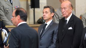 François Hollande, Nicolas Sarkozy et Valéry Giscard d'Estaing assistent aux obsèques de quatre soldats français morts en Afghanistan, le 14 juin 2012 à Paris