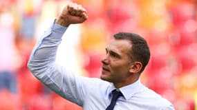 Le sélectionneur ukrainien Andrey Shevchenko, après la victoire de son équipe, 2 bus à 1 face à la Macédoine du nord, lors de l'Euro 2020, le 17 juin 2021 à Bucarest