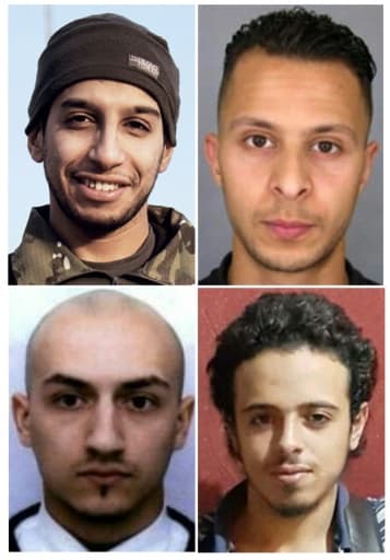 Montage de quatre hommes impliqués dans les attaques du 13 novembre 2015 à Paris: Abdelhamid Abaaoud, commanditaire présumé, Salah Abdeslam, qui serait le huitième homme des attentats, Bilal Hadfi et Samy Amimour, assaillants morts(Haut ...