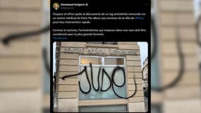 Un tag "Jude" apposé sur la devanture d'un cabinet médical à Paris, découvert le samedi 19 octobre 2024.