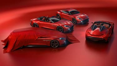 Aston Martin complète sa gamme de modèles inédits, conçus avec le carrossier italien Zagato. Sont désormais proposés un roadster et un break de chasse biplace (ici, camouflé sous une bâche).