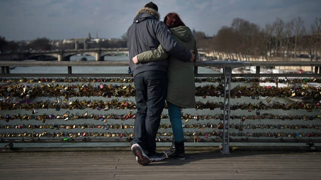Un couple contemple la vue de la Seine, à Paris, le 13 février 2015 (image d'illustration)