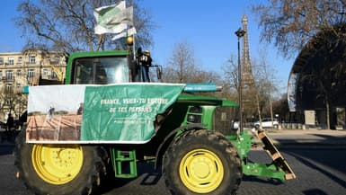 Manifestation d'agriculteurs près de la Tour Eiffel, à Paris, pour protester notamment contre l'interdiction de certains pesticides, à Paris, le 8 février 2023