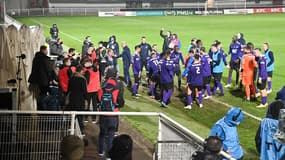 La joie des joueurs de Canet face à l'OM, le 7 mars 2021.