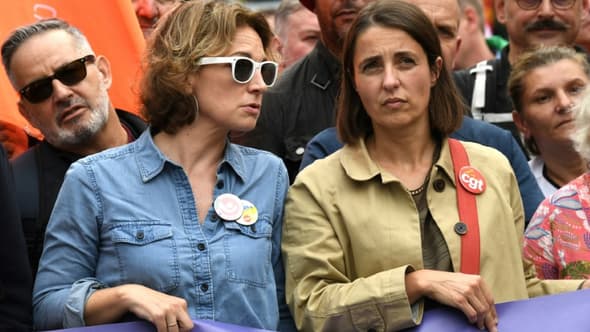 Les secrétaires générales de la CFDT Marylise Léon (G) et de la CGT Sophie Binet à la manifestation pour les salaires, le 13 octobre 2023 à Paris