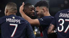 Kylian Mbappé, Ousmane Dembélé et Gonçalo Ramos le 24/11/2023 lors de PSG-Monaco en Ligue 1