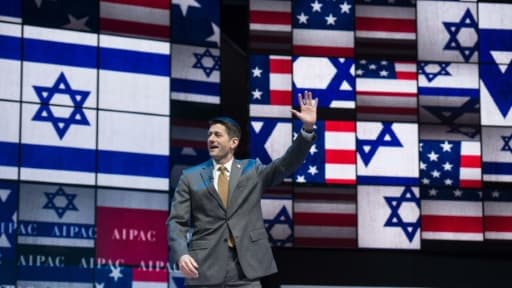 Paul Ryan, président de la Chambre des représentants, salue les participants à la conférence annuelle de l'Aipac (American Israel Public Affairs Committee), le premier lobby américain pro-israélien, le 27 mars 2017 à Washington Paul Ryan, président de la Chambre des représentants, salue les participants à la conférence annuelle de l'Aipac (American Israel Public Affairs Committee), le premier lobby américain pro-israélien, le 27 mars 2017 à Washington